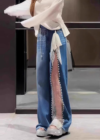 Casual Blue Oversized Patchwork Lace Denim Straight Pants Fall