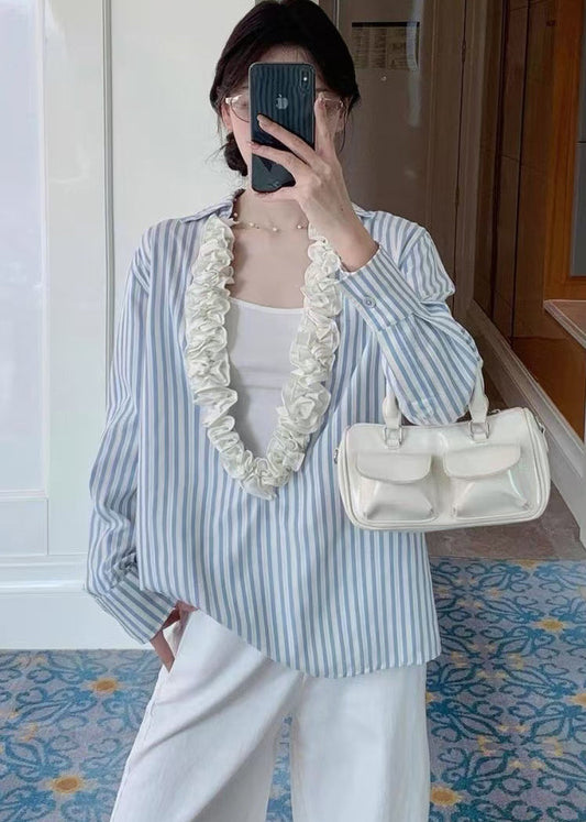 Cozy Blue Ruffled Striped Cotton Shirt Tops Fall
