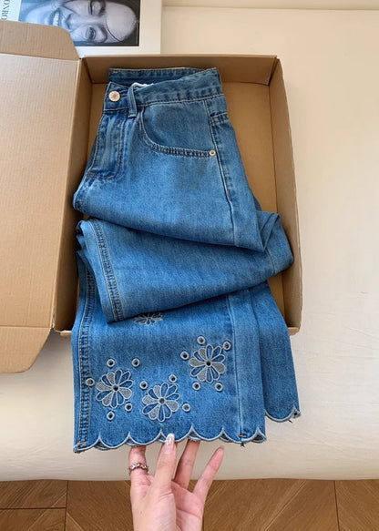Elegant Blue Embroidered Denim Crop Pants Trousers Fall