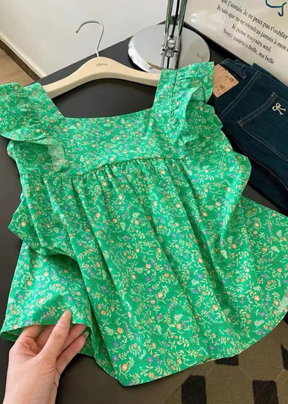 Elegant Green Bow Cotton Tanks Butterfly Sleeve