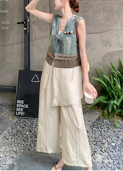 Fitted Khaki V Neck Patchwork Denim Two Pieces Set Sleeveless