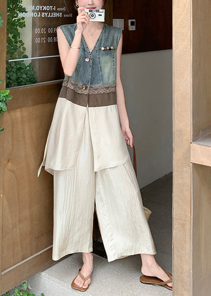 Fitted Khaki V Neck Patchwork Denim Two Pieces Set Sleeveless