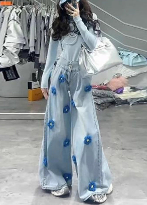 Fitted Light Blue Oversized Floral Denim Wide Leg Pants Fall
