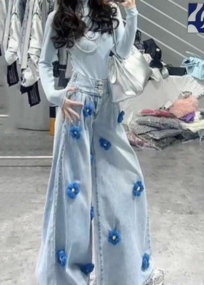 Fitted Light Blue Oversized Floral Denim Wide Leg Pants Fall