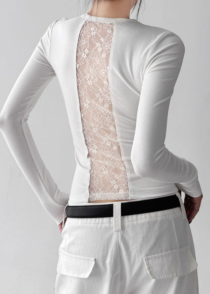 French White Silm Patchwork Lace Blouses Fall