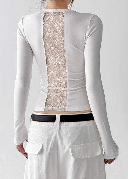 French White Silm Patchwork Lace Blouses Fall