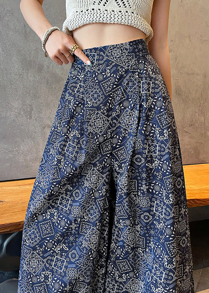 Italian Navy Print Draping Cotton Wide Leg Pants Fall