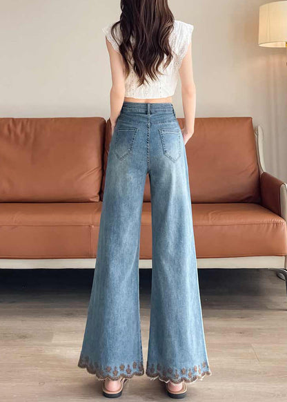 Modern Blue Embroidered Denim Bell-bottom Trousers Fall