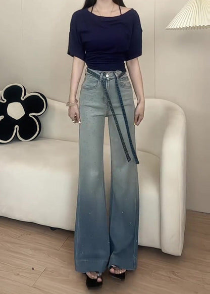 Modern Gradient Color Rhinestone Denim Flare Bottoms Fall