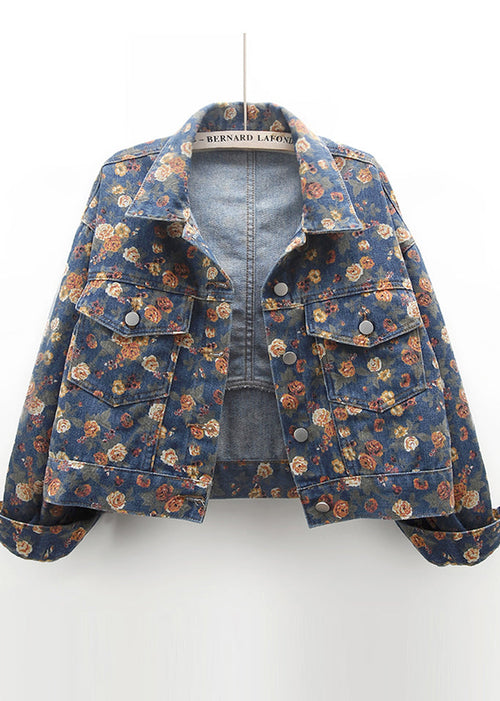 Modern Navy Oversized Print Denim Coats Fall