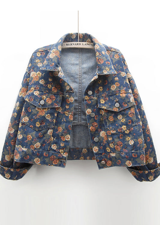 Modern Navy Oversized Print Denim Coats Fall