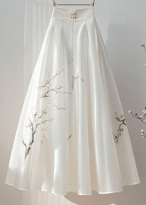 New Retro White High Waist Print Silk A Line Skirt Fall