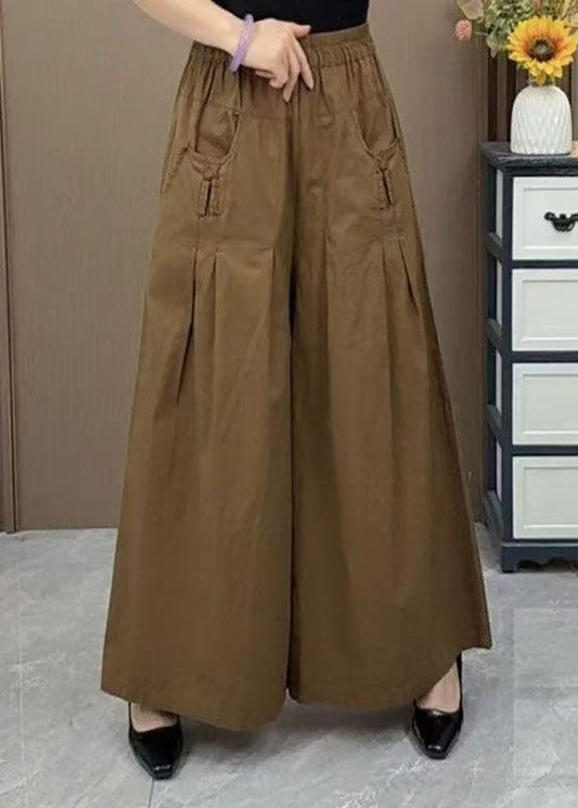 Plus Size Brown Oversized Pockets Wrinkled Cotton Pants Skirts Fall