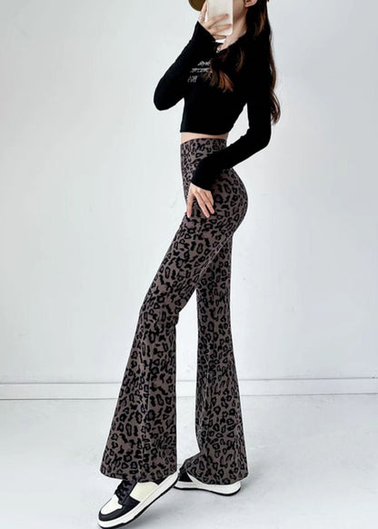 Silm Fit Brown Leopard Print Tummy Control Flared Trousers Fall