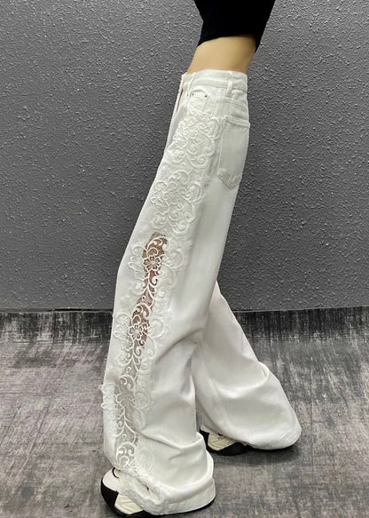 Style White Hollow Out Lace Patchwork Denim Straight Pants Fall