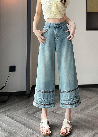 Stylish Blue Embroidered Denim Straight Pants Fall