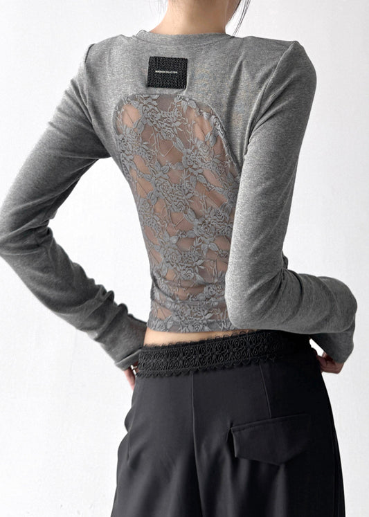 Stylish Grey Backless Patchwork Lace Tops Fall