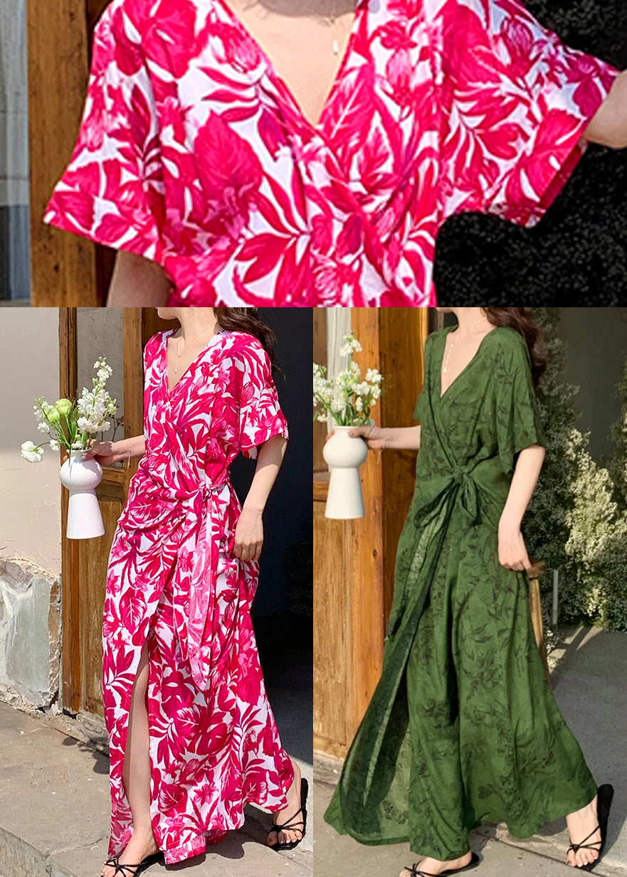 Stylish Rose Print Side Open Cotton Maxi Dress Summer