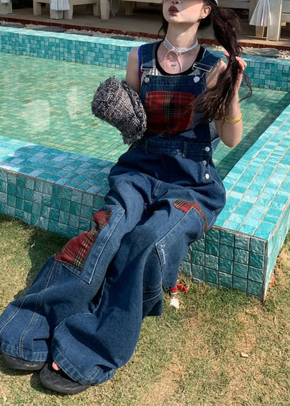 Unique Navy Oversized Patchwork Denim Overalls Jumpsuit Fall