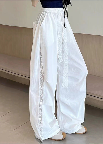 White Patchwork Lace Wide Leg Pants Oversized Fall