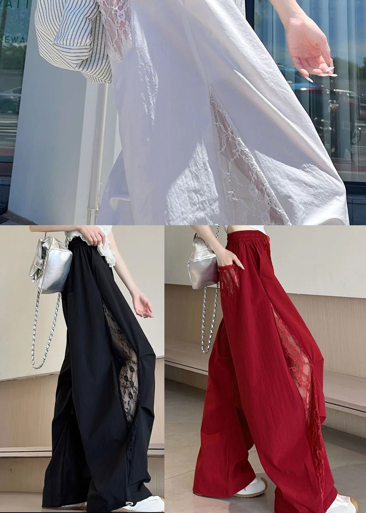 White Patchwork Lace Wide Leg Pants Oversized Fall