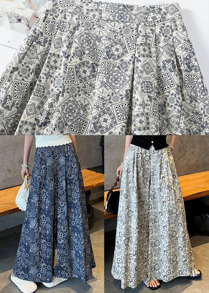 White Print Cotton Wide Leg Pants High Waist Fall
