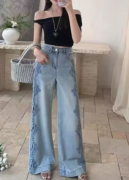 Women Blue Hollow Out Patchwork Lace Denim Straight Pants Fall