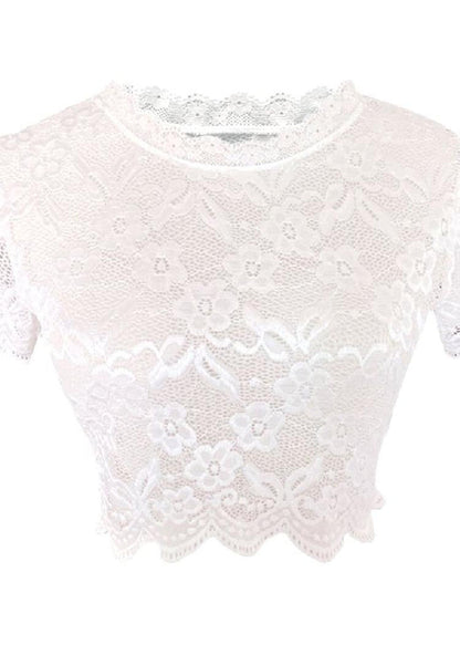 Women White Embroideried Lace Short Tank Half Sleeve