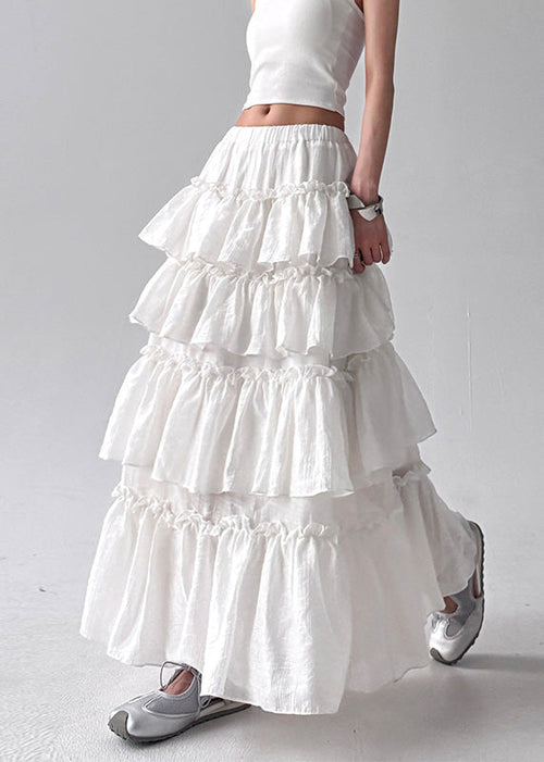 Women White Layered Ruffled Cotton Holiday Skirt Fall